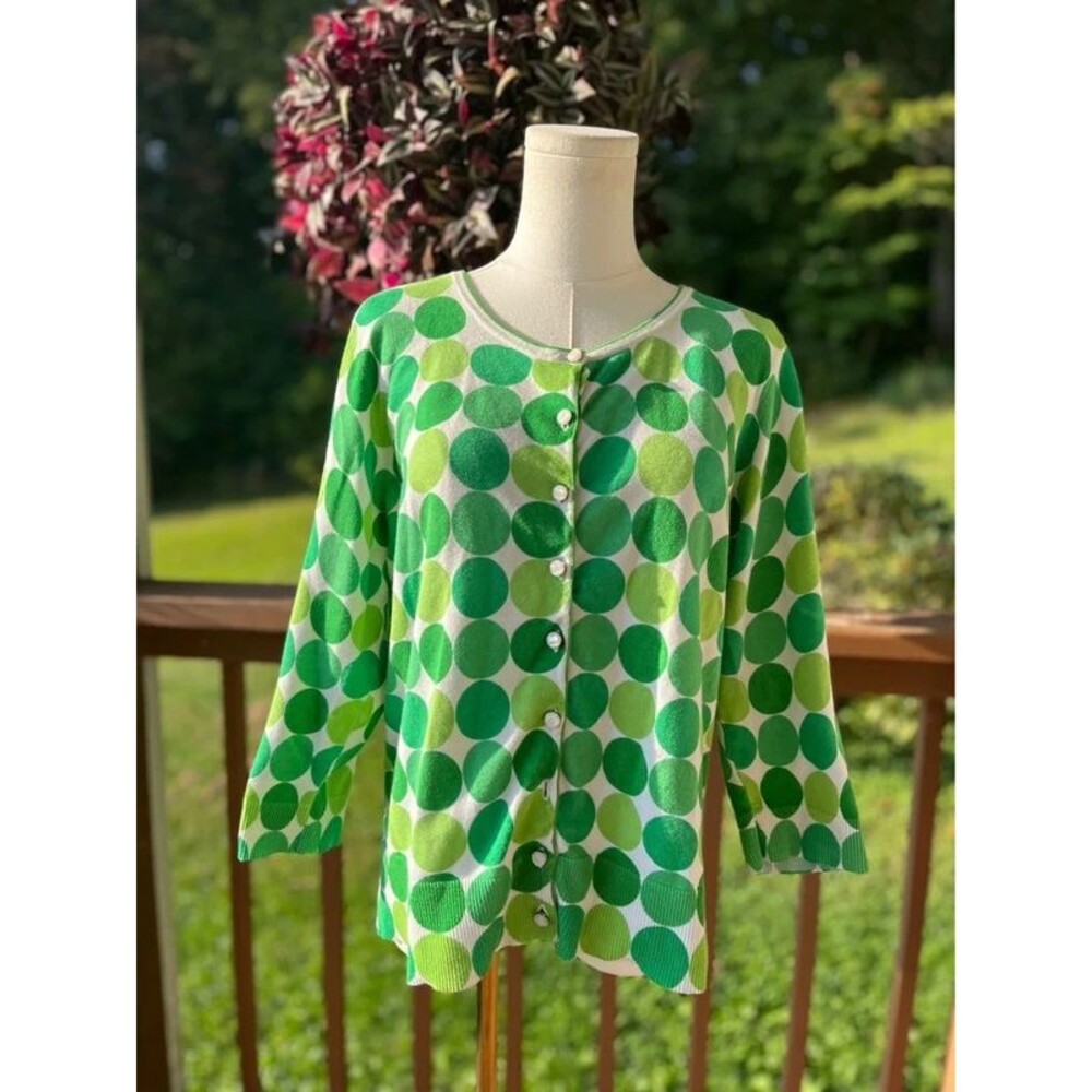 Vintage Josephine Essentials XL Green Polka Dot Mod Cardigan